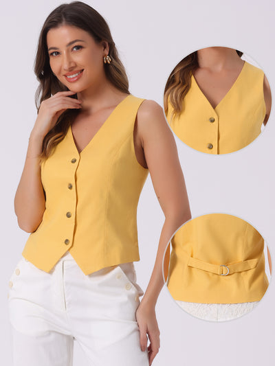 Sleeveless Solid Button Down V Neck Waistcoat Vest