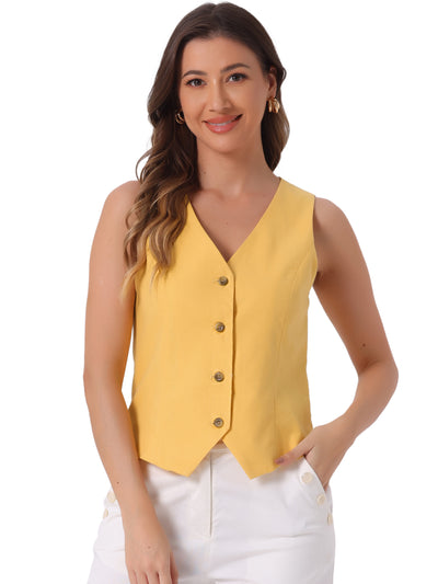 Sleeveless Solid Button Down V Neck Waistcoat Vest