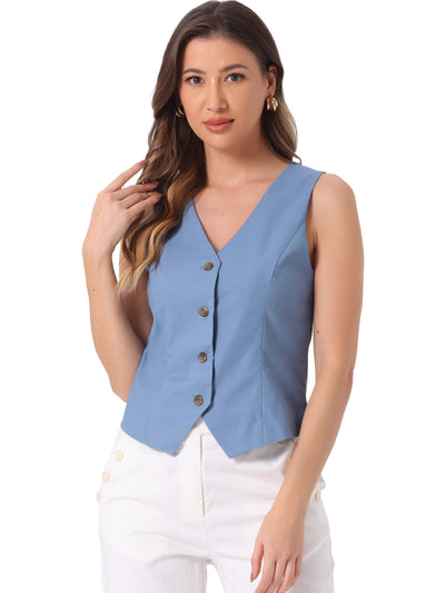 Sleeveless Solid Button Down V Neck Waistcoat Vest