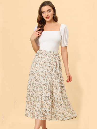 Chiffon Floral Printed Long Tiered Ruffle Boho Midi Skirt