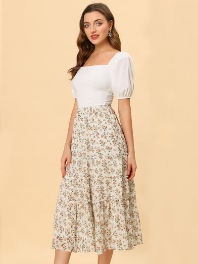 Chiffon Floral Printed Long Tiered Ruffle Boho Midi Skirt