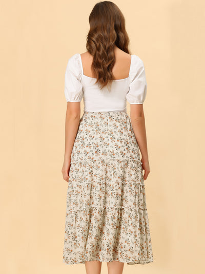 Chiffon Floral Printed Long Tiered Ruffle Boho Midi Skirt