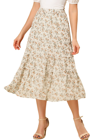 Chiffon Floral Printed Long Tiered Ruffle Boho Midi Skirt