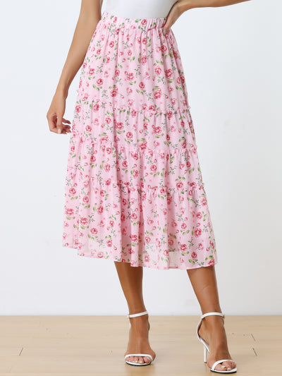 Chiffon Floral Printed Long Tiered Ruffle Boho Midi Skirt