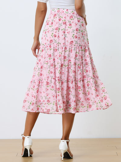 Chiffon Floral Printed Long Tiered Ruffle Boho Midi Skirt