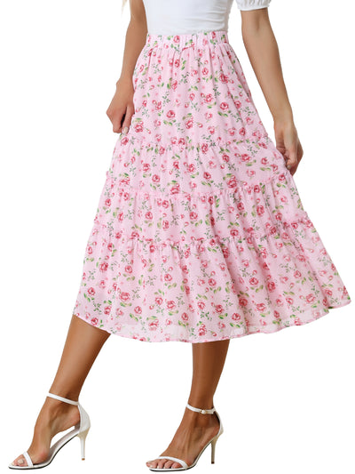 Chiffon Floral Printed Long Tiered Ruffle Boho Midi Skirt