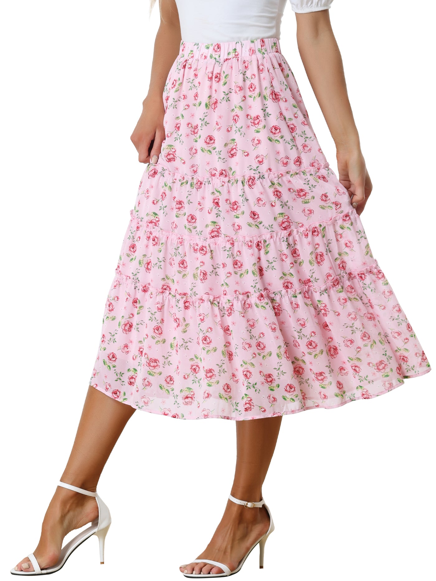 Allegra K Chiffon Floral Printed Long Tiered Ruffle Boho Midi Skirt