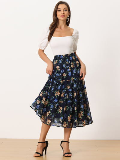 Chiffon Floral Printed Long Tiered Ruffle Boho Midi Skirt