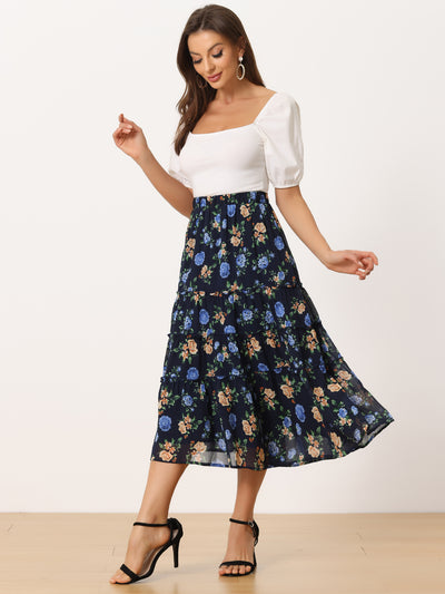 Chiffon Floral Printed Long Tiered Ruffle Boho Midi Skirt