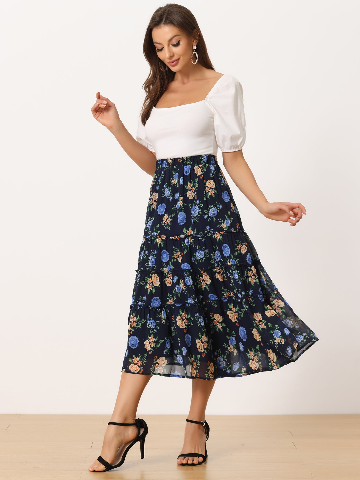 Allegra K Chiffon Floral Printed Long Tiered Ruffle Boho Midi Skirt