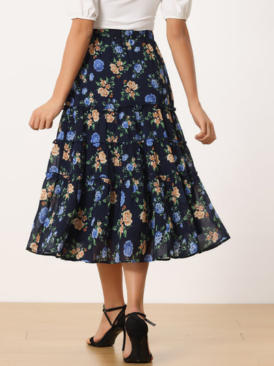 Chiffon Floral Printed Long Tiered Ruffle Boho Midi Skirt