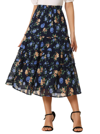 Chiffon Floral Printed Long Tiered Ruffle Boho Midi Skirt