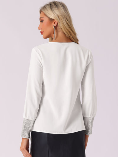 Sequin V Neck Long Sleeve Casual Lightweight Blouse