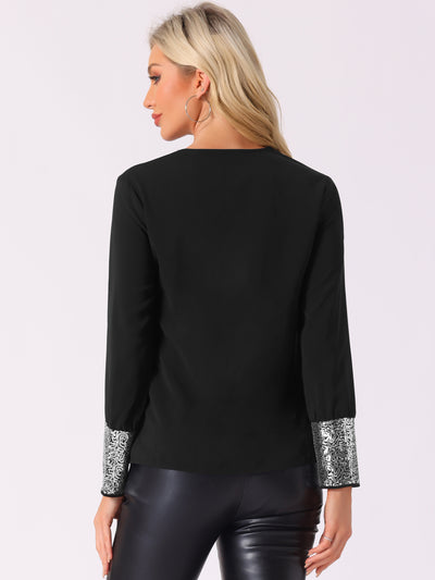 Sequin V Neck Long Sleeve Casual Lightweight Blouse