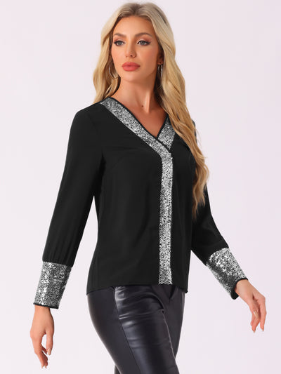 Sequin V Neck Long Sleeve Casual Lightweight Blouse