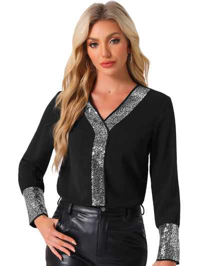 Sequin V Neck Long Sleeve Casual Lightweight Blouse