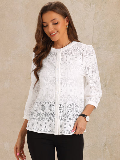 Allegra K Boho Eyelet 3/4 Puff Sleeves Round Neck Blouse