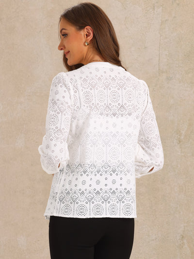 Boho Eyelet 3/4 Puff Sleeves Round Neck Blouse