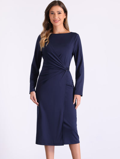 Boat Neck Long Sleeve Ruched Work Midi Sheath Dress