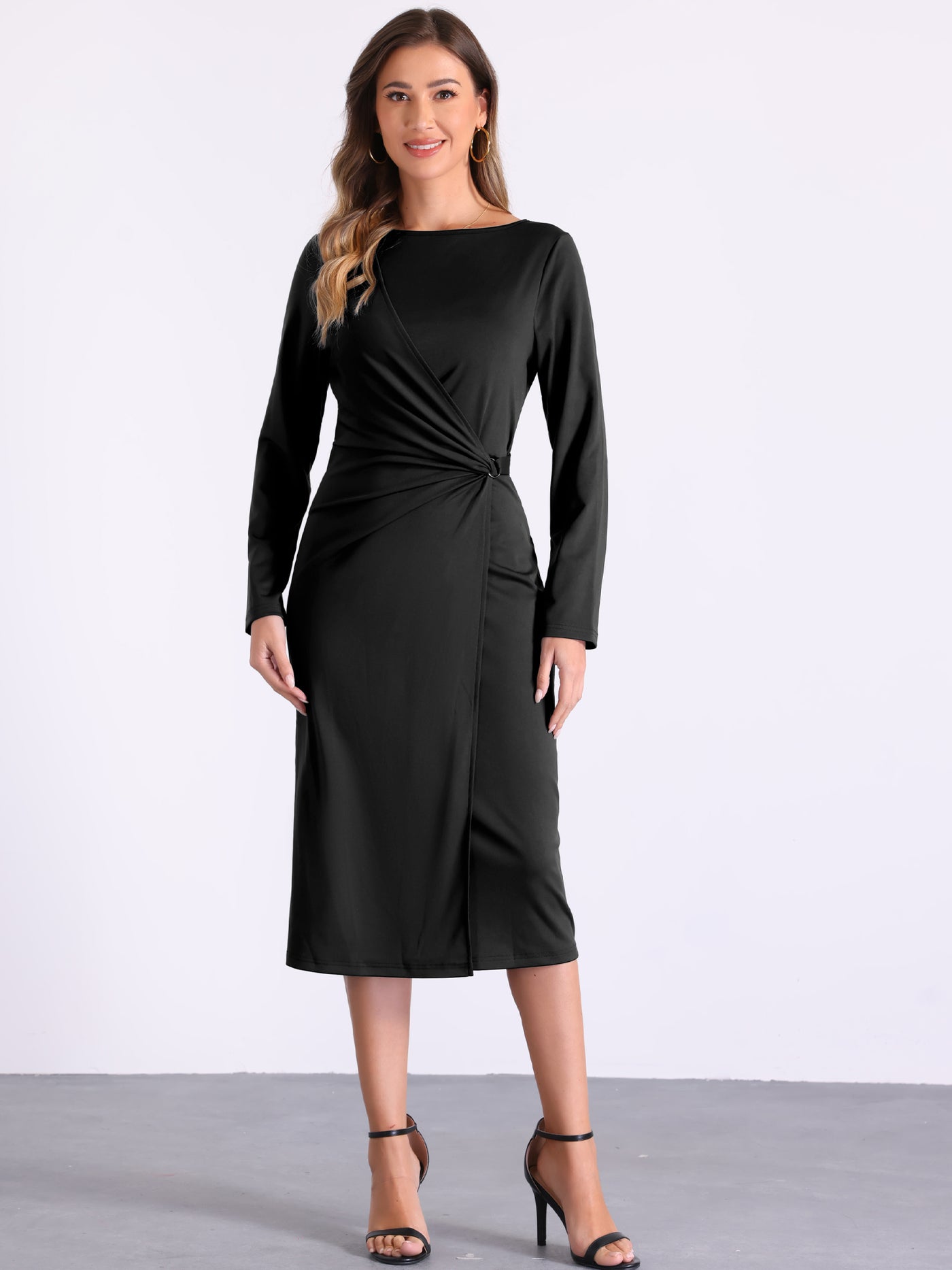 Allegra K Boat Neck Long Sleeve Ruched Work Midi Sheath Dress