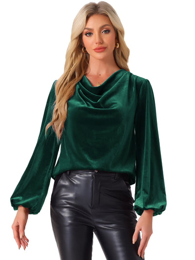 Velvet Cowl Neck Lantern Sleeve Solid Color Blouse