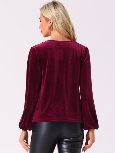 Velvet Cowl Neck Lantern Sleeve Solid Color Blouse