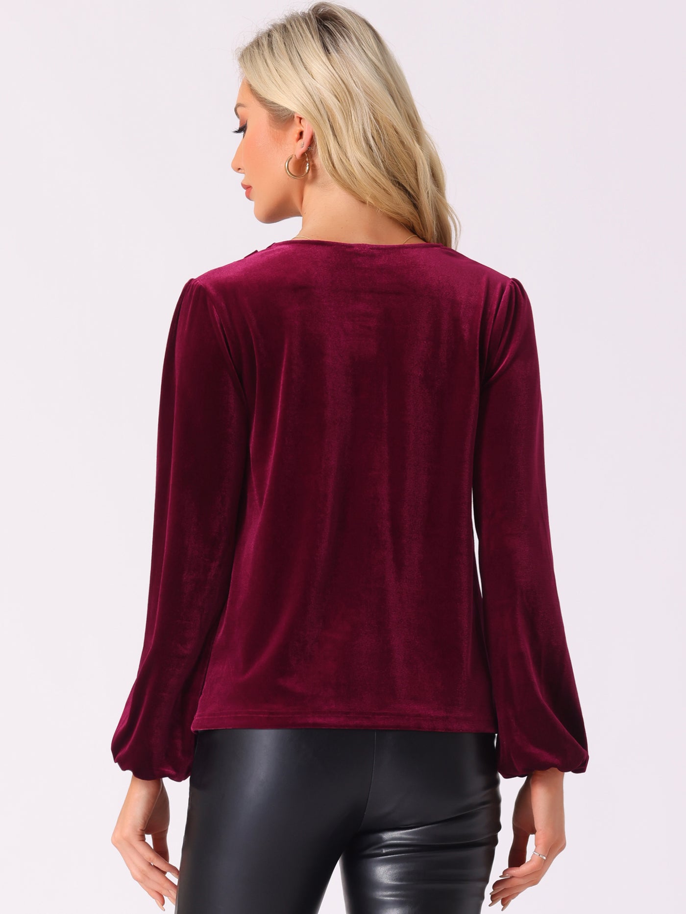 Allegra K Velvet Cowl Neck Lantern Sleeve Solid Color Blouse