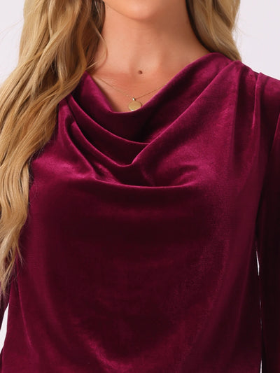 Velvet Cowl Neck Lantern Sleeve Solid Color Blouse