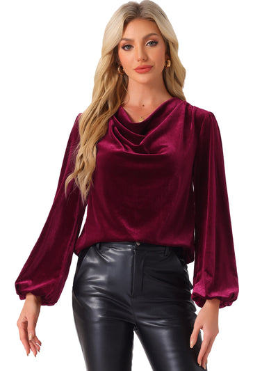 Velvet Cowl Neck Lantern Sleeve Solid Color Blouse