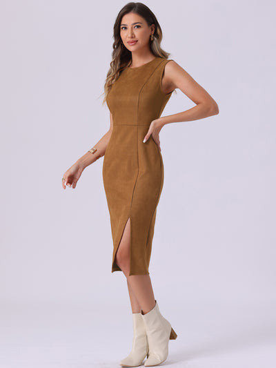 Faux Suede Sleeveless Crew Neck Slit Sheath Midi Dress