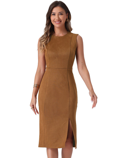 Faux Suede Sleeveless Crew Neck Slit Sheath Midi Dress