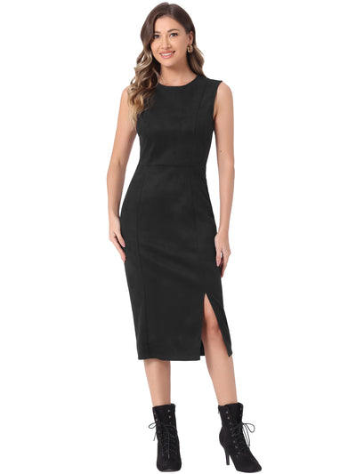 Faux Suede Sleeveless Crew Neck Slit Sheath Midi Dress