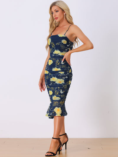 Spaghetti Strap Floral Mesh Sleeveless Ruched Midi Bodycon Dress