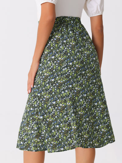 Floral Peasant Elastic Waist A-Line Ditsy Leave Midi Skirt