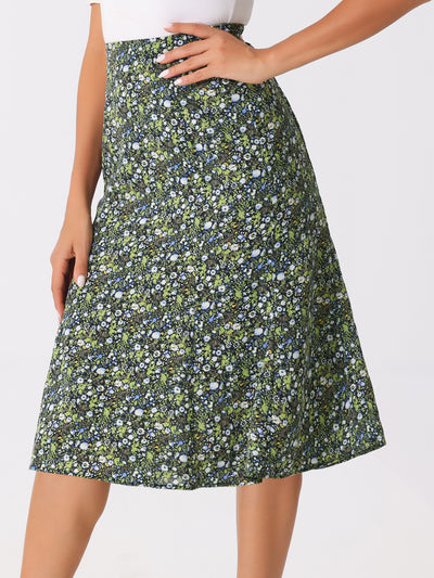 Floral Peasant Elastic Waist A-Line Ditsy Leave Midi Skirt