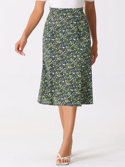 Floral Peasant Elastic Waist A-Line Ditsy Leave Midi Skirt