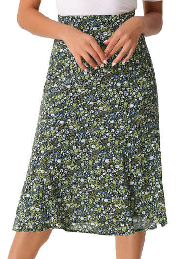 Floral Peasant Elastic Waist A-Line Ditsy Leave Midi Skirt