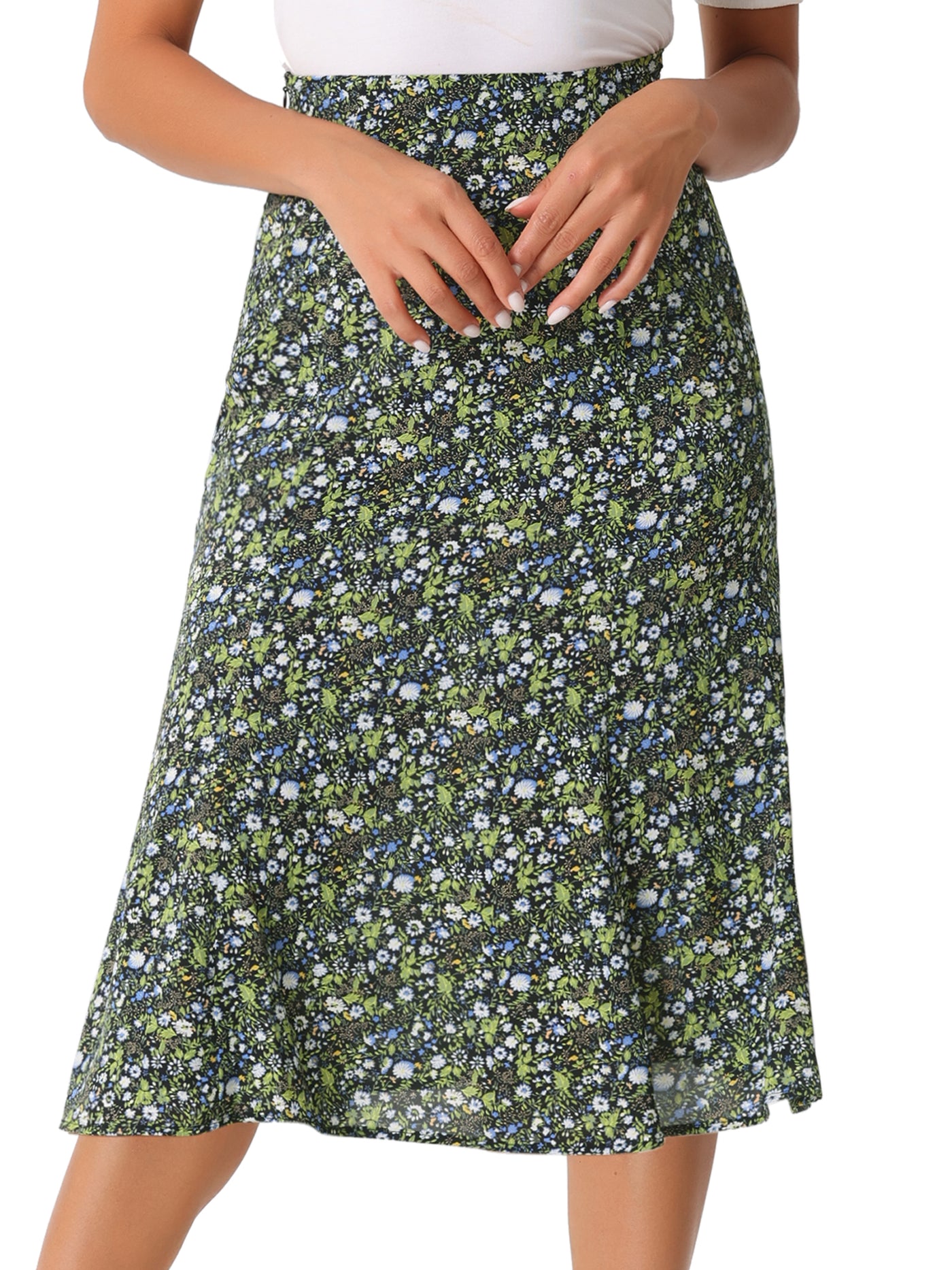 Allegra K Floral Peasant Elastic Waist A-Line Ditsy Leave Midi Skirt