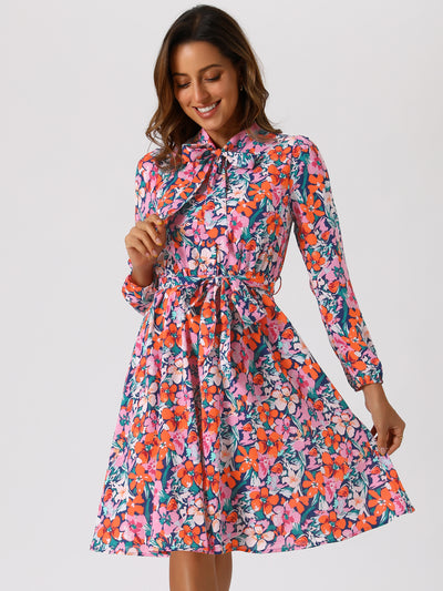 Tie Neck Chiffon Long Sleeve Belted Vintage Floral Dress