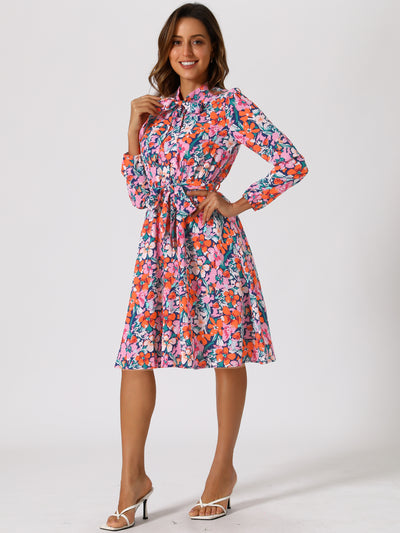 Tie Neck Chiffon Long Sleeve Belted Vintage Floral Dress