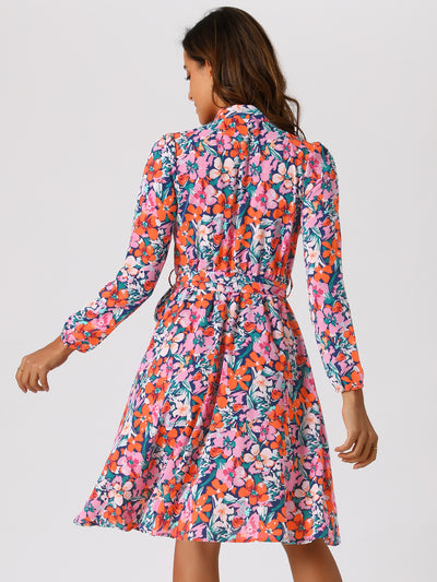 Tie Neck Chiffon Long Sleeve Belted Vintage Floral Dress