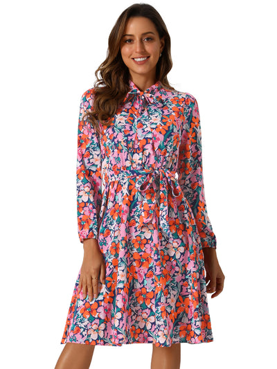 Tie Neck Chiffon Long Sleeve Belted Vintage Floral Dress