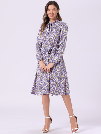 Tie Neck Chiffon Long Sleeve Belted Vintage Floral Dress