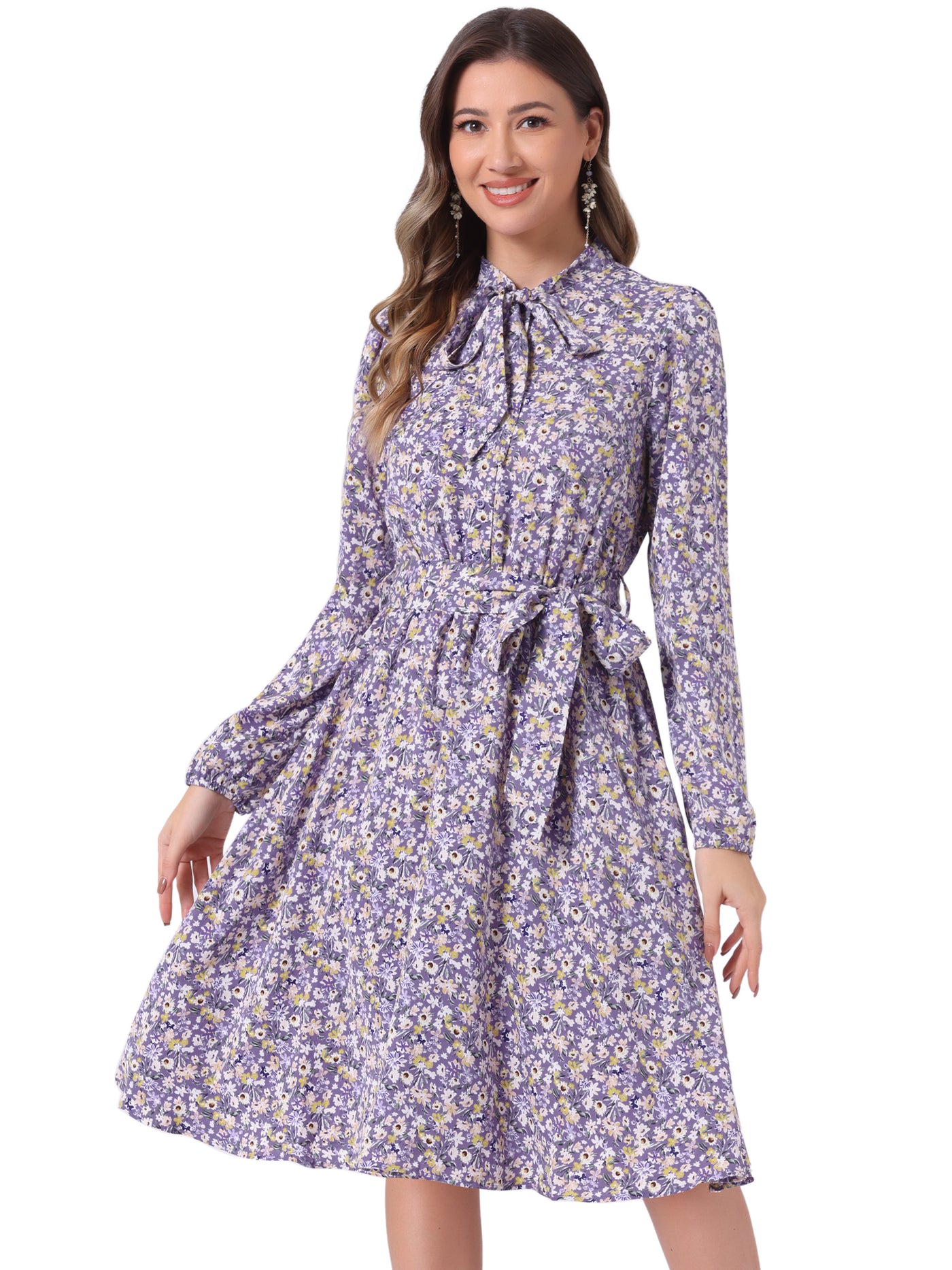 Allegra K Tie Neck Chiffon Long Sleeve Belted Vintage Floral Dress