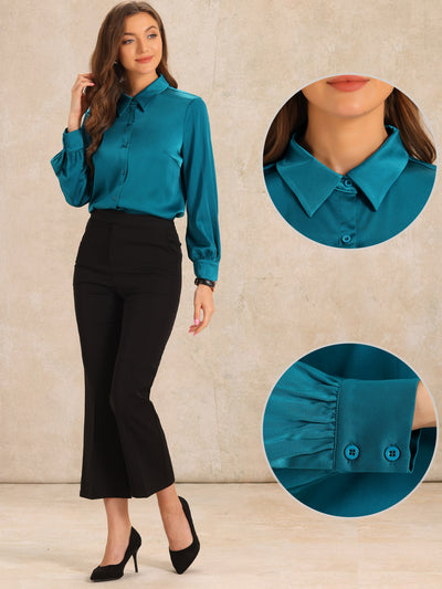 Satin Puff Long Sleeve Button Down Work Blouse