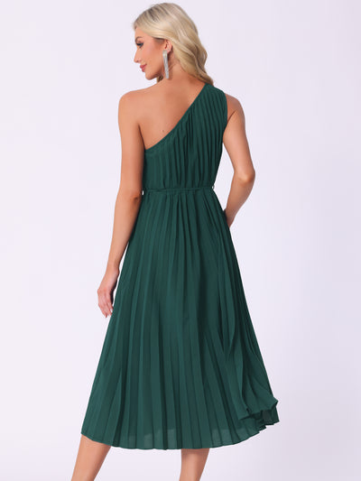 Pleated One Shoulder Sleeveless Cocktail Midi Dress