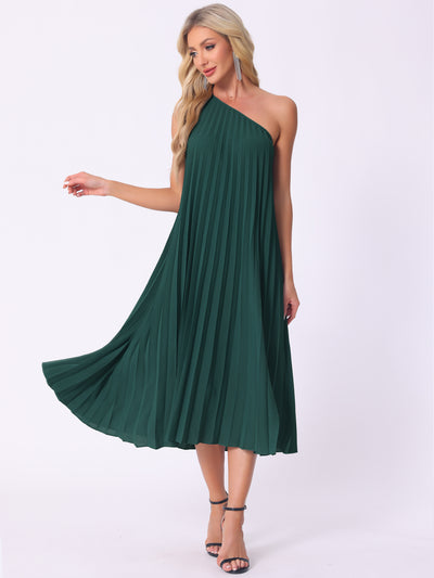 Pleated One Shoulder Sleeveless Cocktail Midi Dress