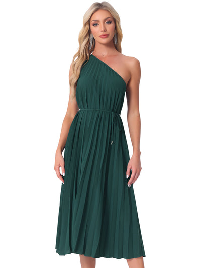 Pleated One Shoulder Sleeveless Cocktail Midi Dress