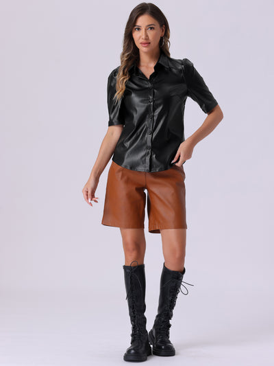 PU Faux Leather Button Down Puff Sleeve Shirt