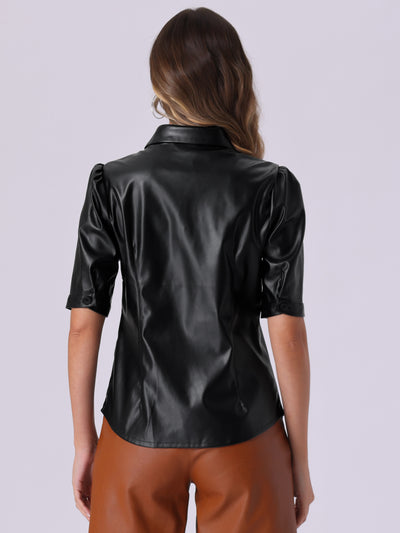 PU Faux Leather Button Down Puff Sleeve Shirt